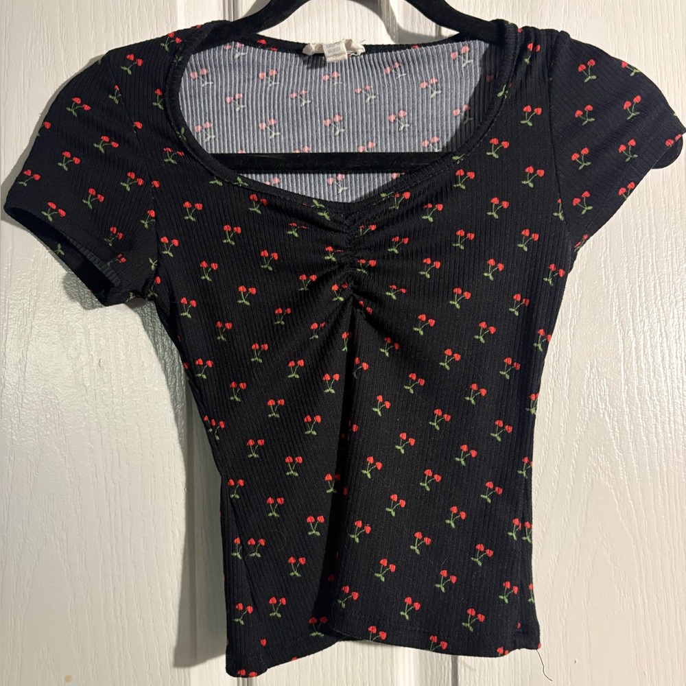 See You Monday Black Top with Cherry Pattern